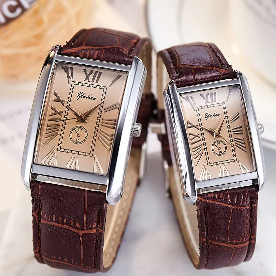 Luxury Rectangle Dial Quartz Watch with Leather Band