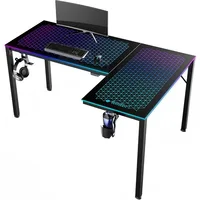 RGB LED Lights 60 Inch L Shaped Reversible Black Glass Gaming Desk Home Office Computer Table GTG L60 1