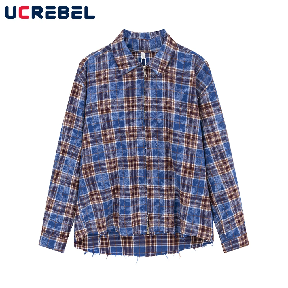 

Washed Plaid Zipper Long Sleeved Shirt Mens Autumn Loose Casual Front Short Back Long Lapel Shirts Men