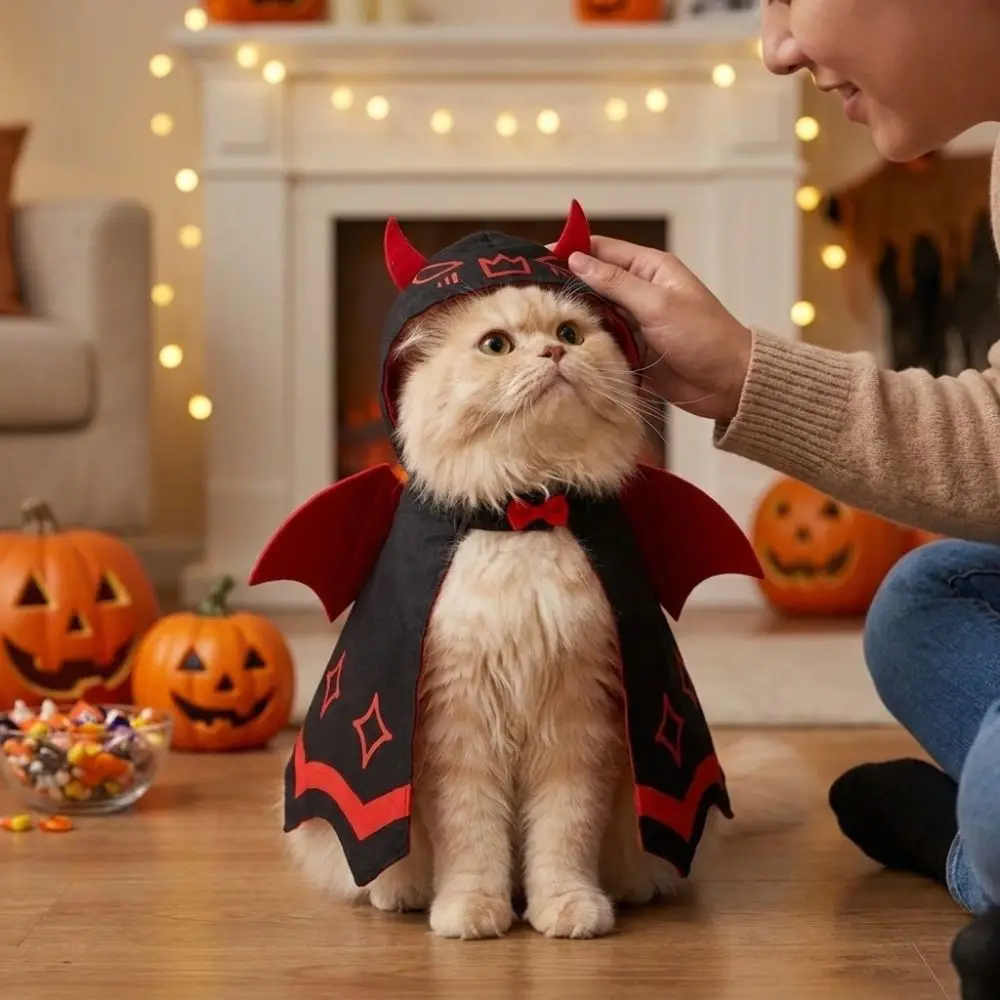 조절 가능한 할로윈 고양이 악마 박쥐 망토, 이중 새틴 피부 친화적인 애완동물 코스프레 케이프, 나비넥타이 포함, 내마모성