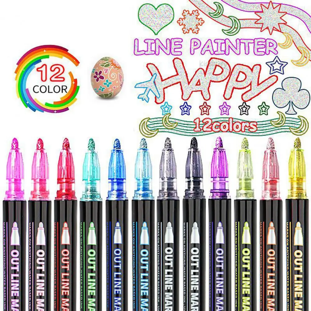 

12Pcs Double Line Outline Pen Set Metallic Color Highlighter MagicMarker Pen Glitter Pens DIY Art Greeting Card Outline Pens