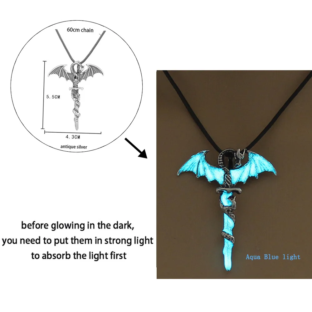 Luminous Dragon Necklace Glowing Night Fluorescence Antique Silver Plated  Glow In The Dark Necklace for Men Women Party Hallowen - AliExpress