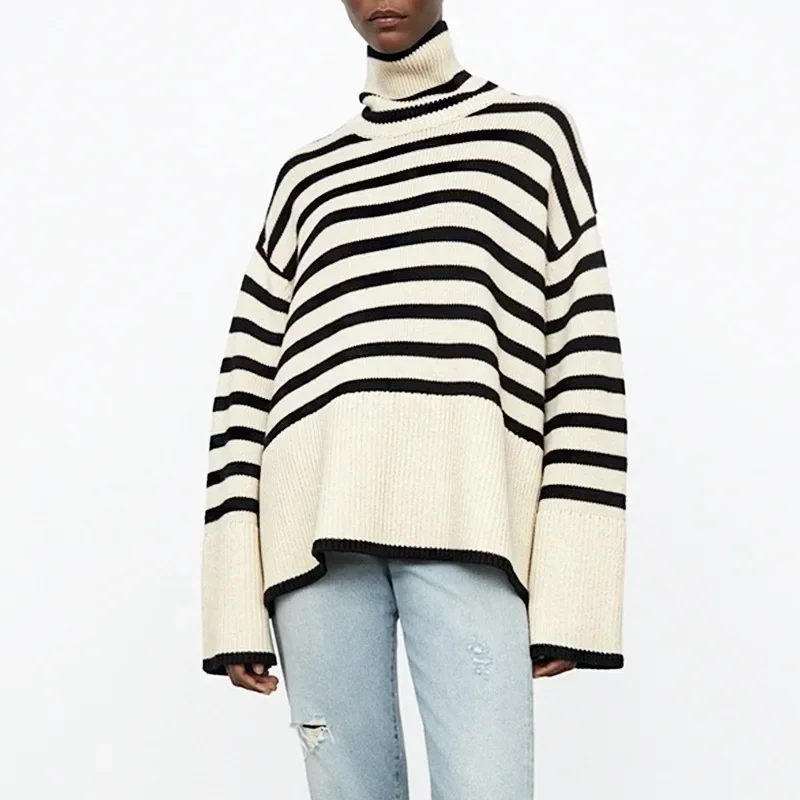 

Women's Cotton Sweater with Stripe Design, Luxury Lady Wool Sweater with Dropped Shoulder, High Collar.