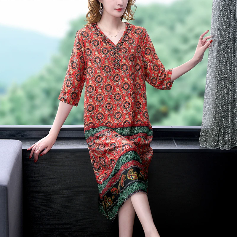 

Female A-Line Midi Dress Silk Loose Summer Vintage Floral Print V Neck Casual Elegant Women Dress Ladies Clothing Vestidos