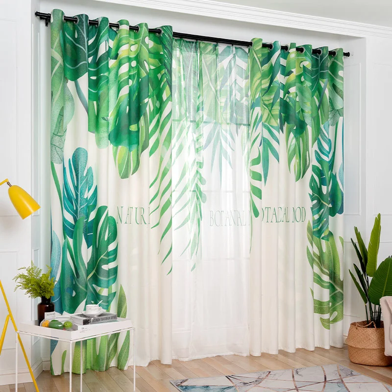 Cacti Printed Curtains Living Room Shading Cloth Green Window Sheer Tulle 1Piece 