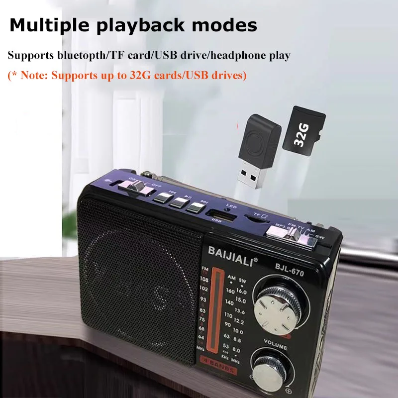 Mini Portable FM AM SW Radio LED Flashlight Radios Receiver Wireless Bluetooth Speaker MP3 Music Player Support TF Card U Disk