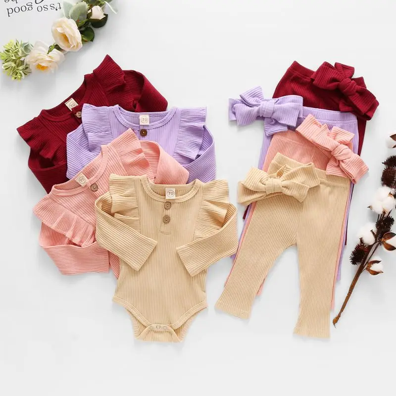 

Baywell/комплект одежды для новорожденных девочек весенне-осенние однотонные боди с длинными рукавами + эластичные штаны повязка на голову, комплект из 3 предметов
