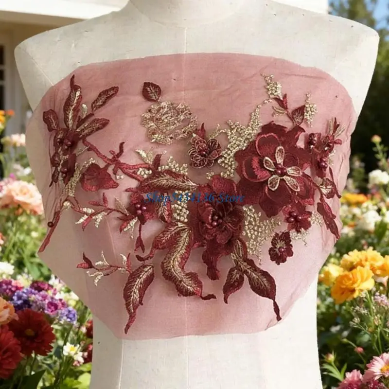 H7ED Blumen-Stoffaufnäher zum Nähen, Basteln, bestickte Pailletten, Applikation, Dekoration – Detail 8