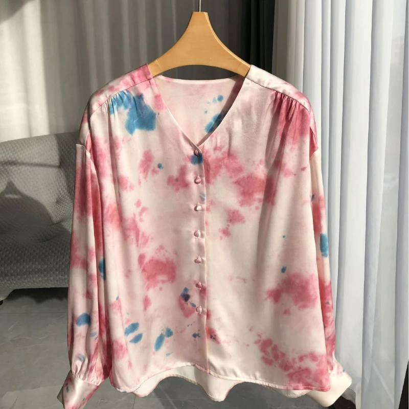 

2024 Ladies New Spring Peach Blossom Sand Washed Plain Crepe Satin 100% Silk V-Neck Shirt