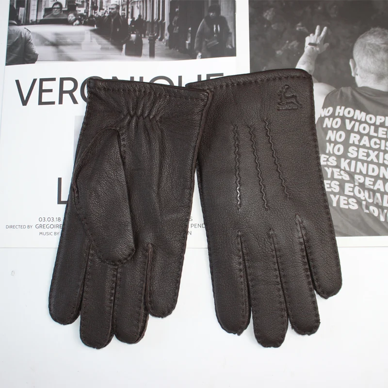 New Men\'s Deerskin Gloves Touch Screen Hand Sewn Classic Fashion Corrugated Breathable Wool Knit Lining Warm Driving Gloves