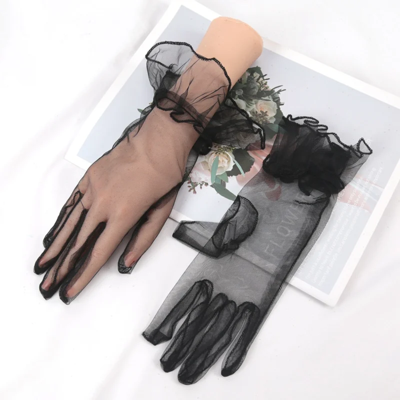 New Sexy Wedding Tulle Gloves for Women Bridal Ultra Thin Breathable Mittens Black Short Mesh Full Finger Guantes Lace Gloves