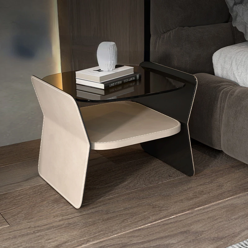 

Tempered Countertop Steel Bedside For Bedroom Stainless Table With Simple Glass Leather Nightstands Modern Storage Cabinets