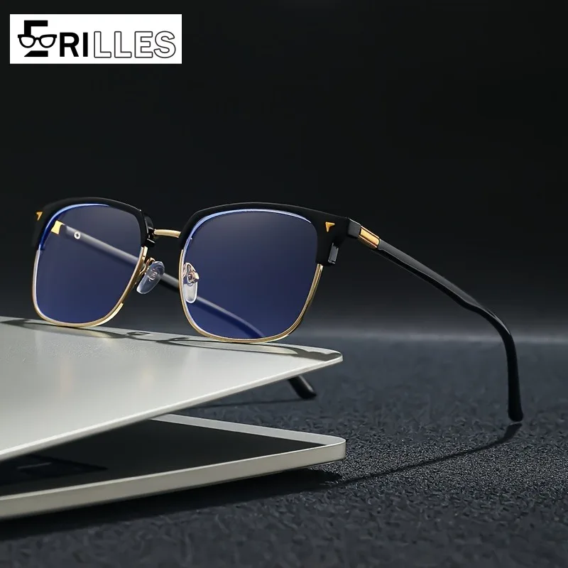 Blue Light Blocking Semi-Rimless Glasses,Oversized Square Frame Design,Anti Radiation Protection for Office Work,Stylish Eyewear