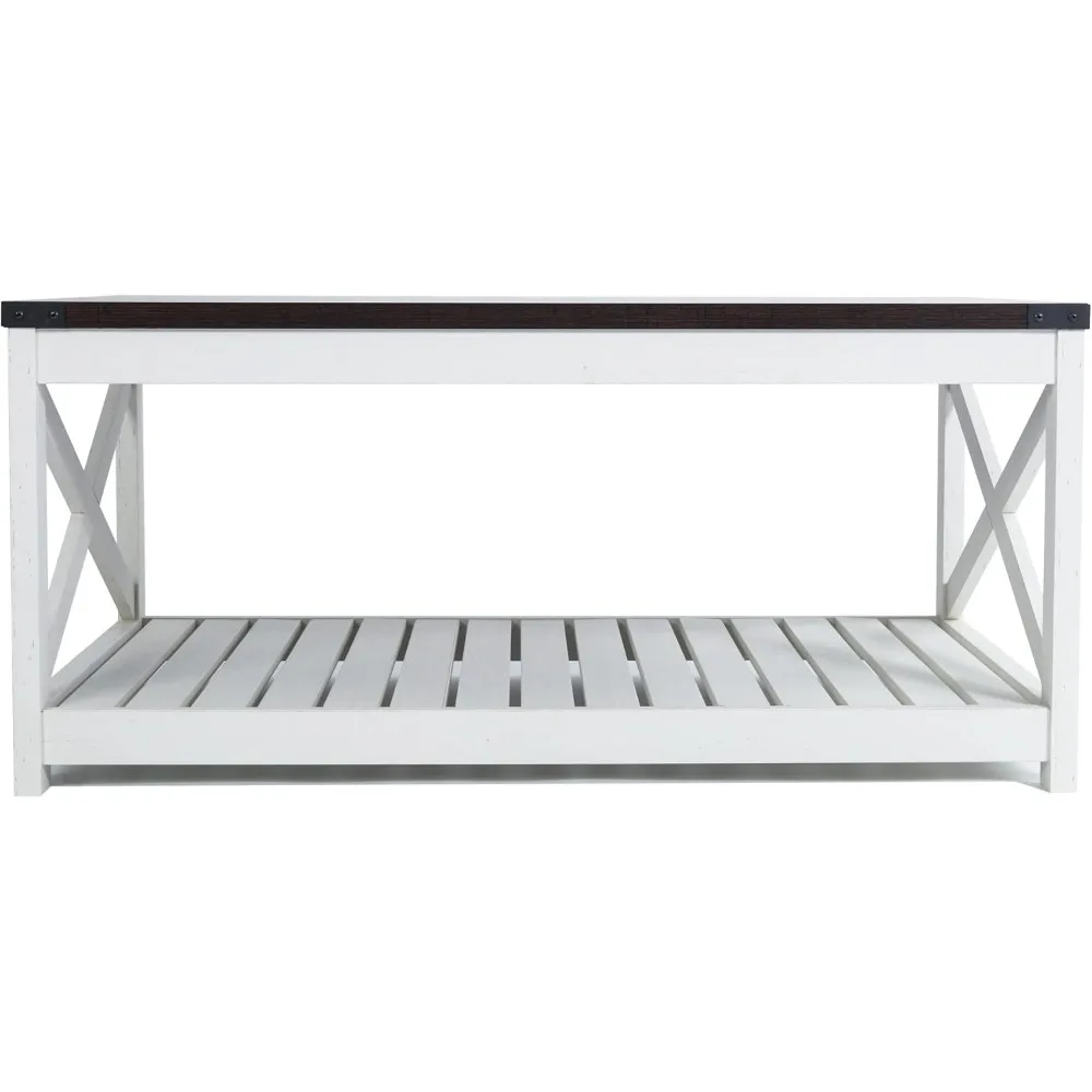 Farmhouse Coffee Table with Slatted Shelf and Corner Protection, 40 Inches, Vintage White/Espresso 4
