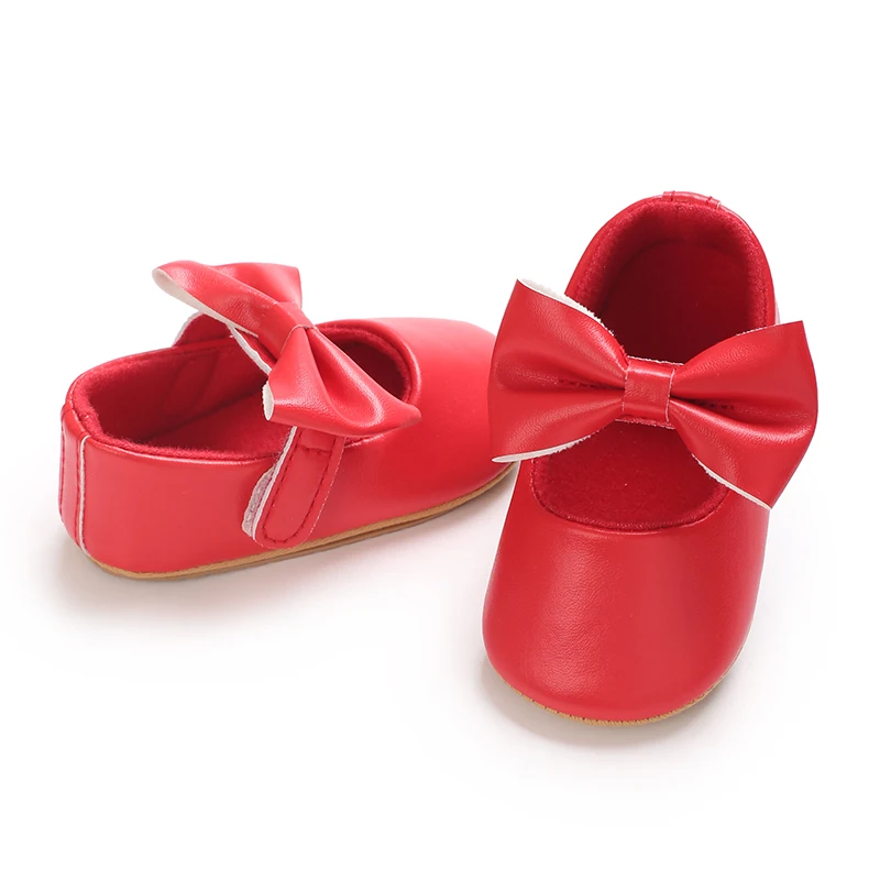 Solid Color 0-18M Baby Girl Mary Jane Flat Shoes With Butterfly Bow Rubber Anti Slip Children's First Walking Shoes Princess For