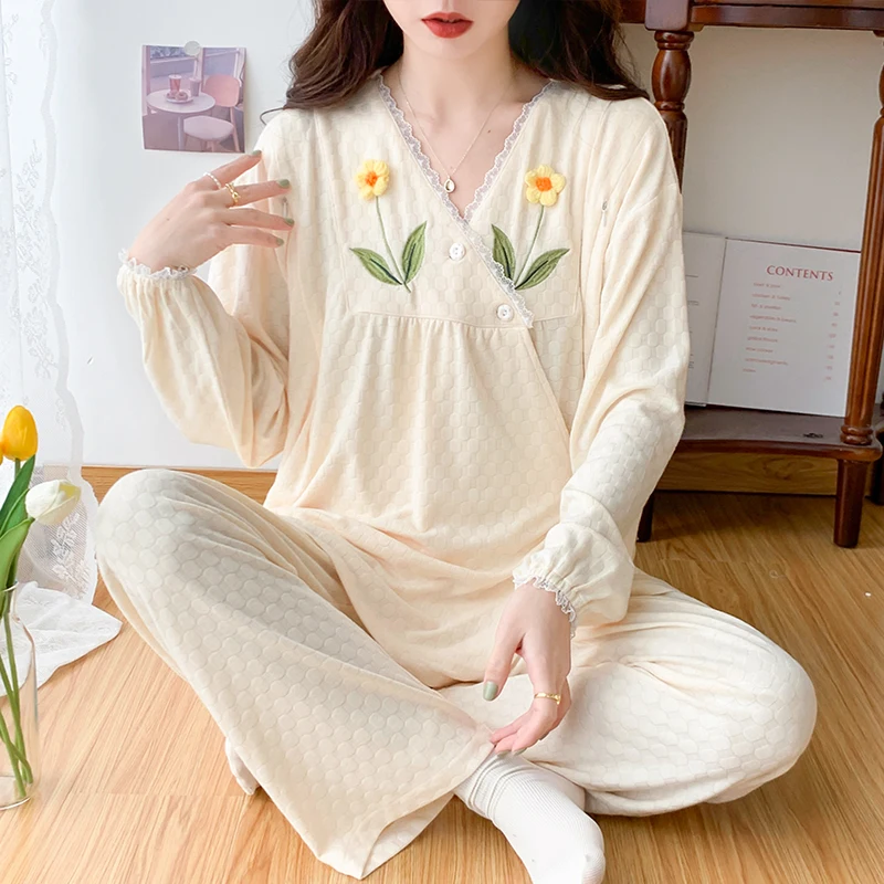 Spring Autumn Breathable Soft Maternity Nursing Sleepwear Sets Sweet Postpartum Mother Breastfeeding Pajamas Pants Pregnancy