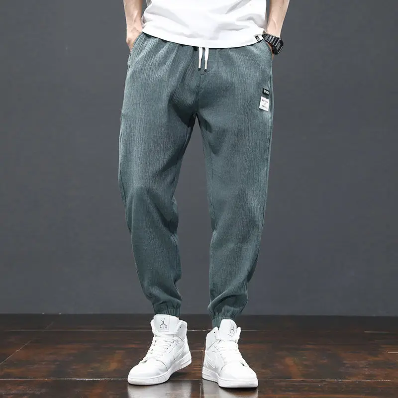 Men's Summer Stretch Breathable Loose Sport Versatile Fashion Casual Solid Color Elastic Waist Spliced Pocket Trousers men trousers