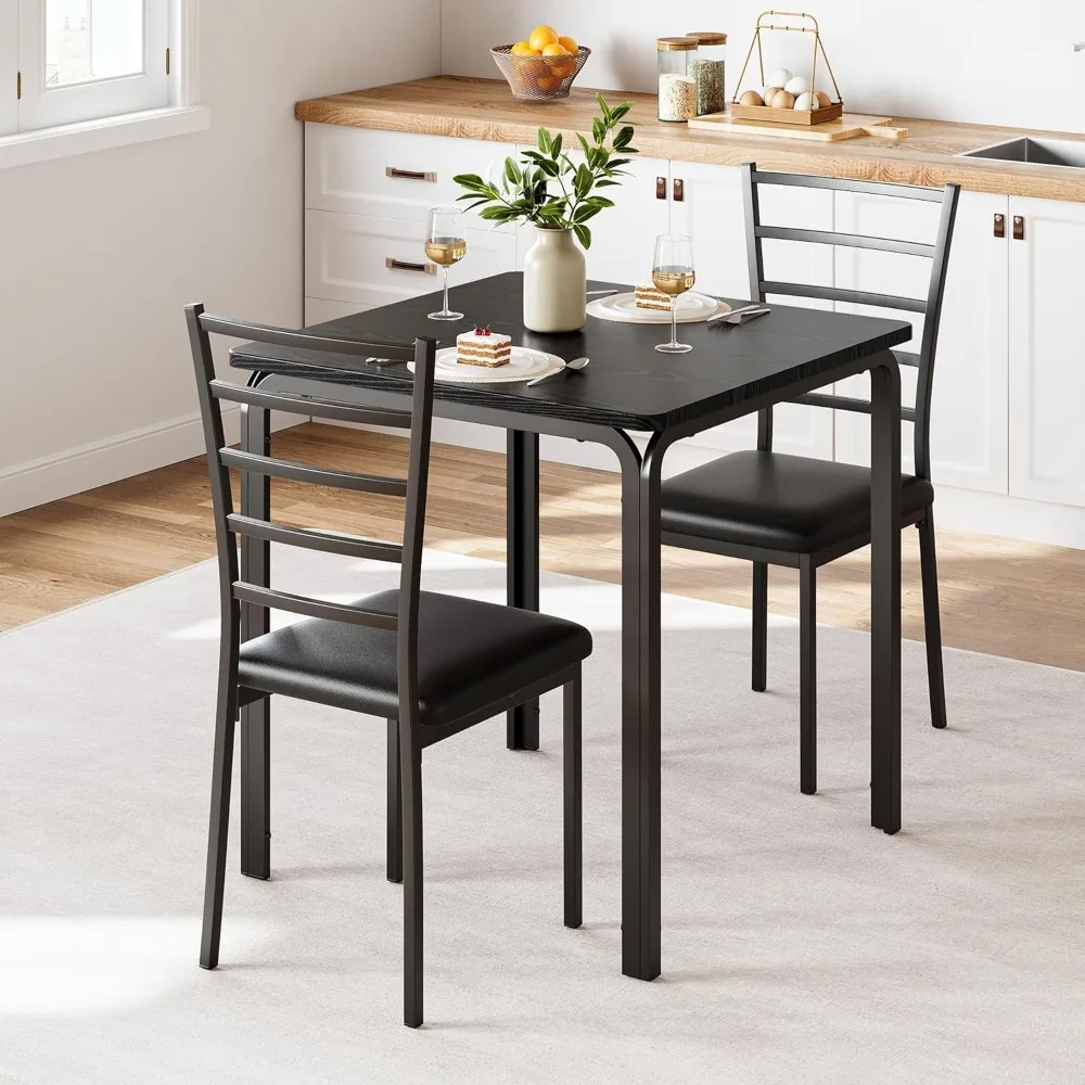 ​​3-Piece Small Dining Set​​ - Compact 2-Seater Table & Chairs with Wood Top & Metal Frame