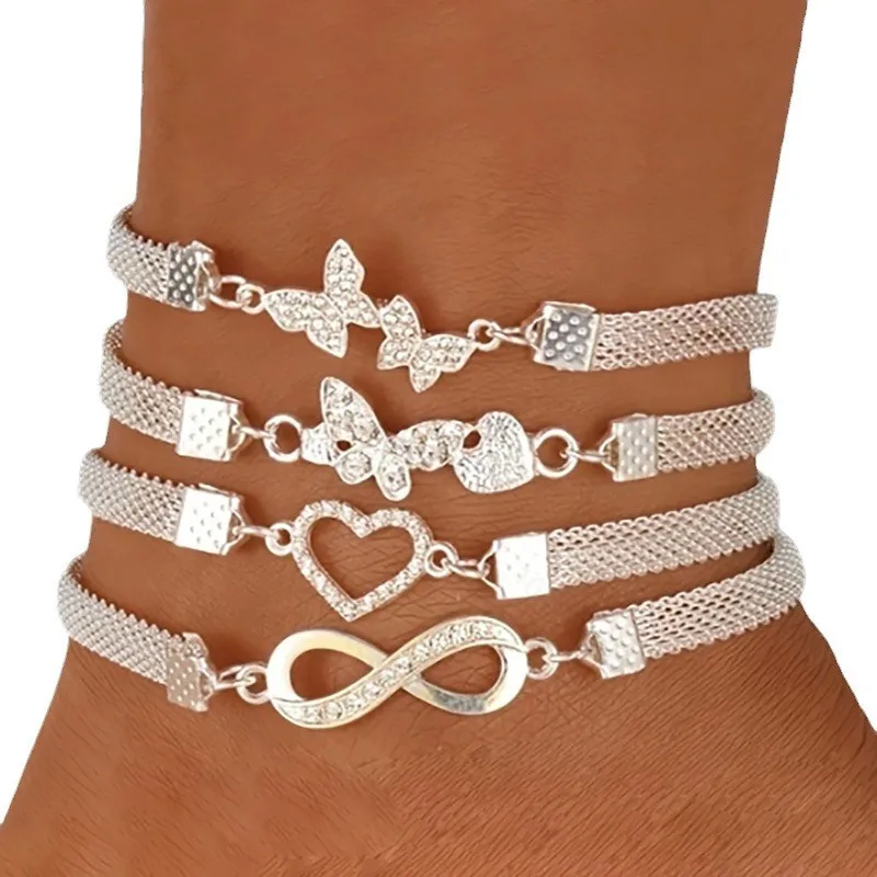 Silver Butterfly Heart Infinite Cross Anklet for Women