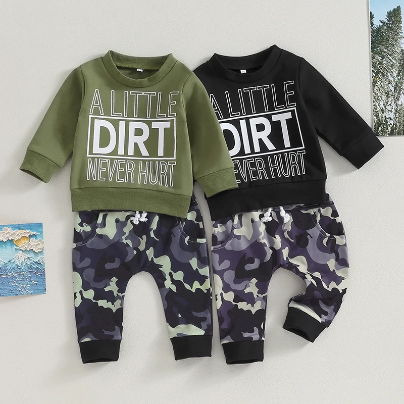 

2023-08-01 Lioraitiin 0-3T Kid Boys Clothes Sets Long Sleeve Letter Print Sweatshirt Tops+Camouflage Drawstring Pants Sets