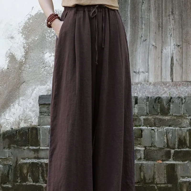 Vintage Summer Women's 2024 New Spliced Elasticized Drawstring Pocket Fashion Solid Loose Comfortable Casual Wide Leg Pants