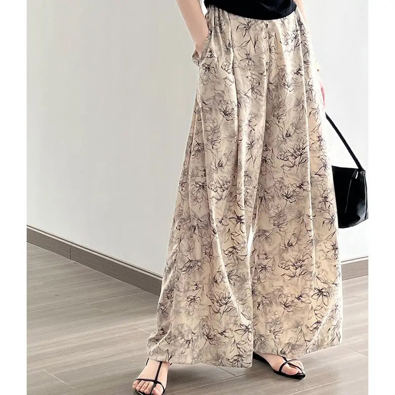 Ink Wash Printed Wide Leg Women's 2024 Summer New High Waisted Pocket Print Fashionable Elegant Loose and Slimming Casual Pants