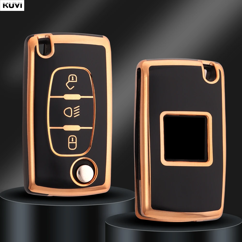 Golden TPU Car Flip Key Case Cover - Durable Protector Fob Cover with Elegant Finish