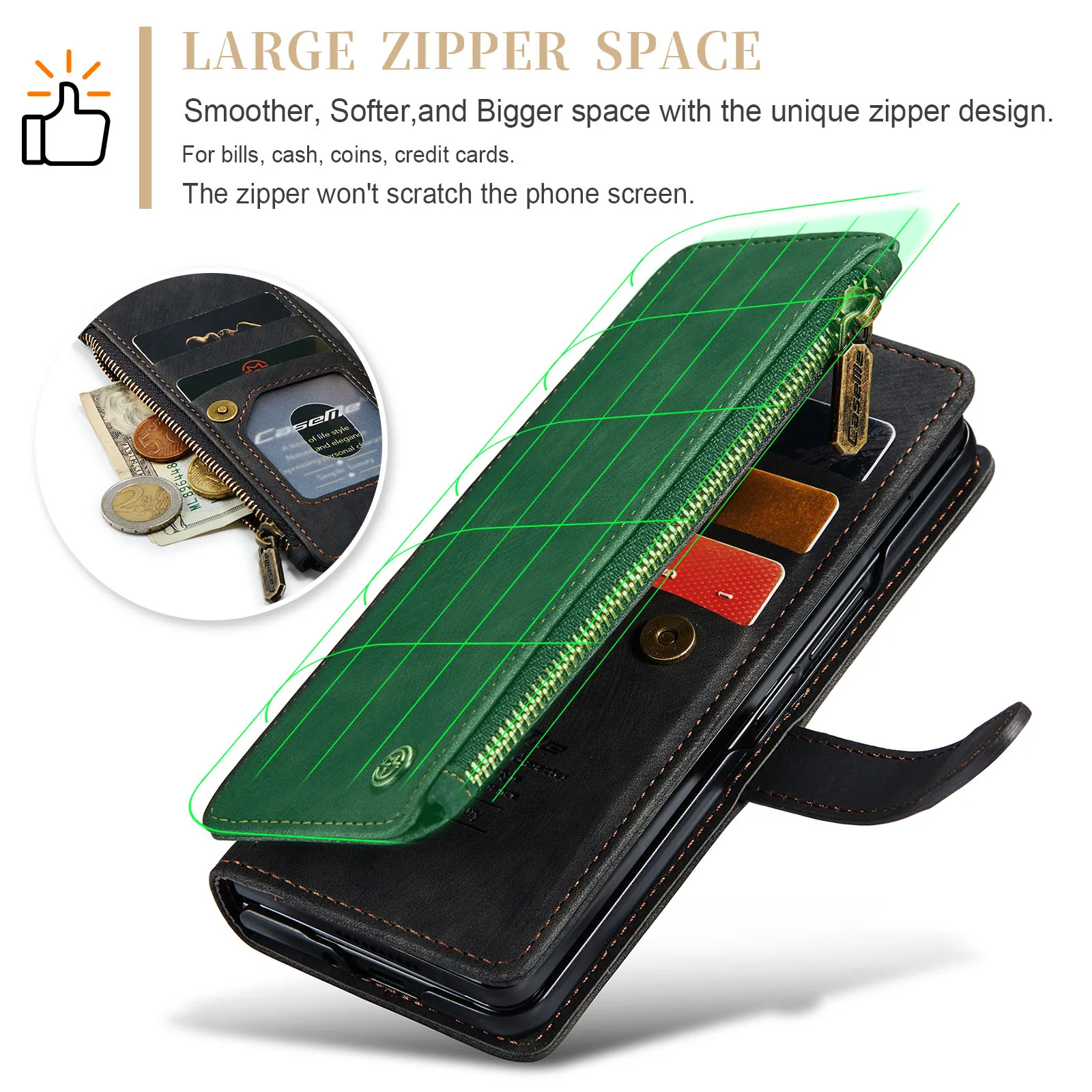 Durable PU Leather Magnetic Wallet Flip Case with Lanyard Strap and Zipper Card Holder