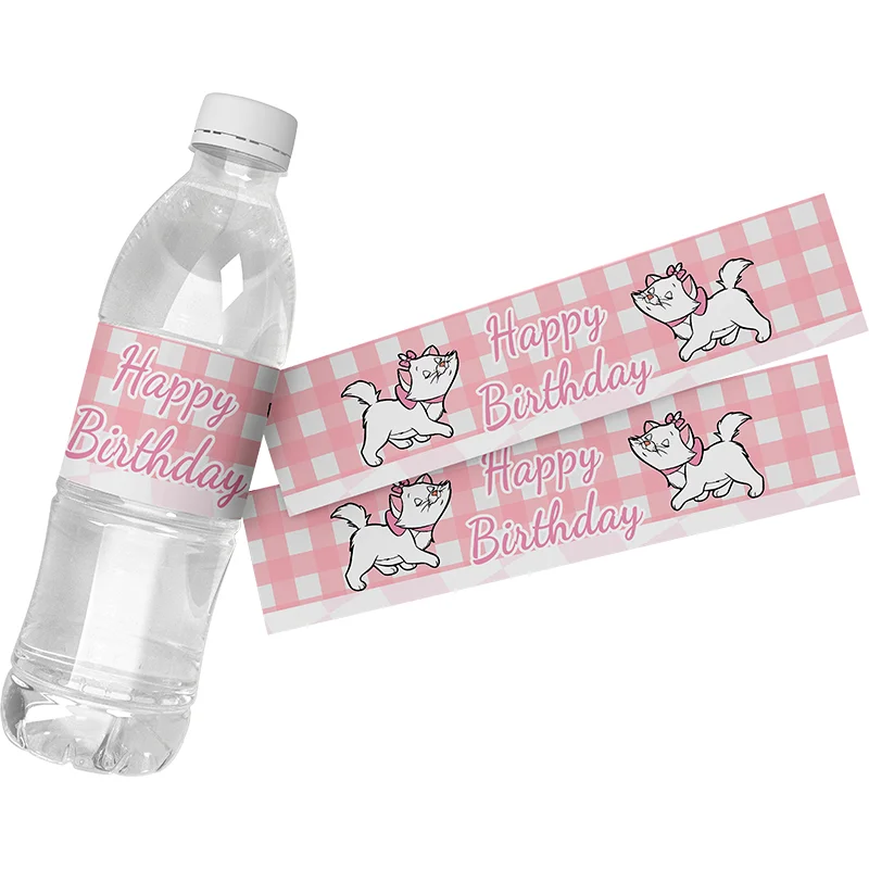6pcs Disney The Aristocats Marie Cat Pink Happy Birthday Water Bottle Decoration Stickers Supply Baby Shower Party Packing Label
