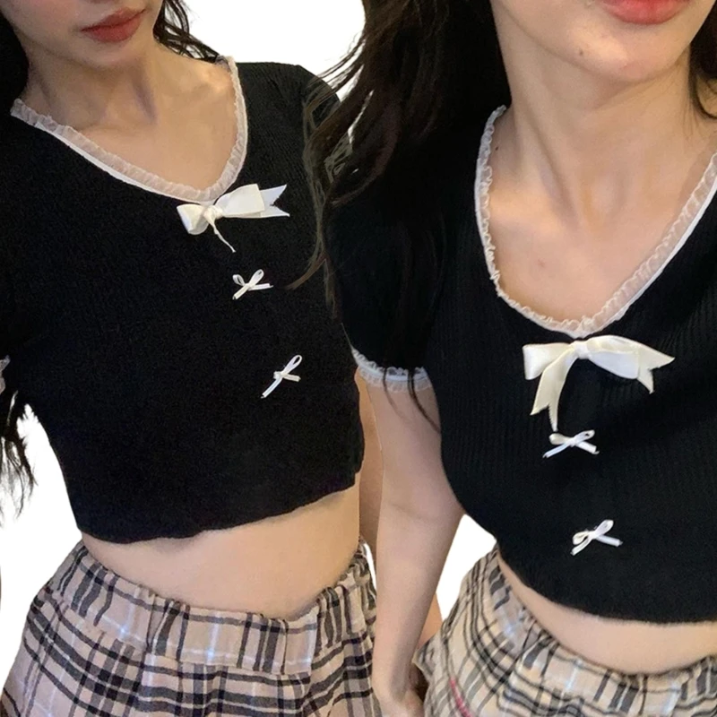

Women Casual Short Sleeve Bows Lace Crop Top T Shirt Summer Tops Blouse Dropship