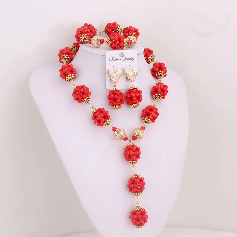 Splendid African Jewelry Sets For Women Luxury 2024 Traditional Red Crystal Beaded Balls - 3