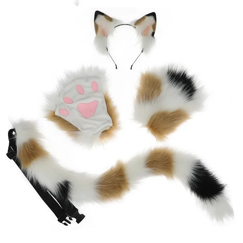 New Hand Made Cat Ears Cosplay Costume Set Plush Cat Tail Ear Paws Gloves Kit for Anime Accessories Headwear Neko Fantasy Set anime cosplay props animal cosplay costume
