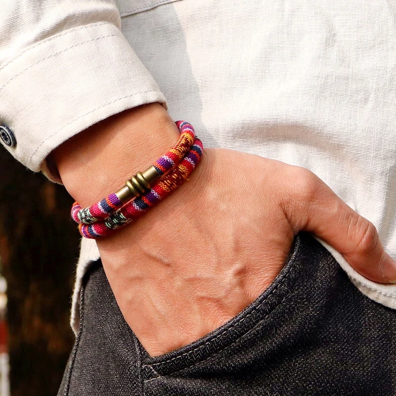 Tibetan Symbol Cord Chain Bracelet with Magnetic Clasp