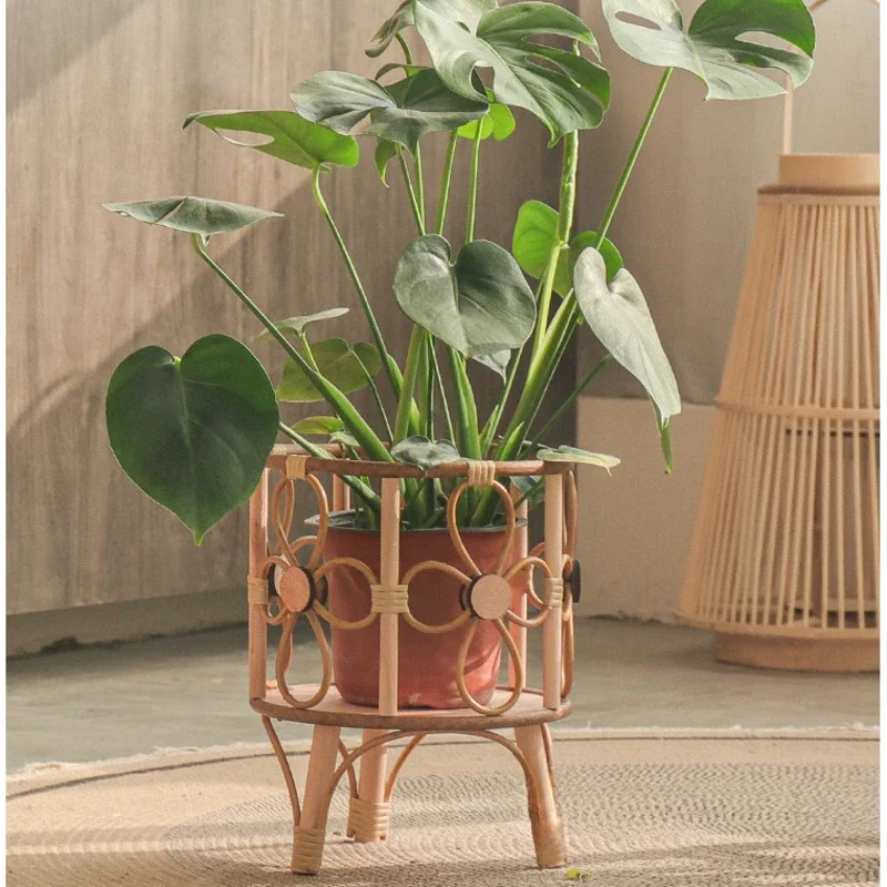 Rattan Weaving Pots for Plants Living Room Floor Plant Shelves, Balcony Decoration, Flower Stand, Versatile Scenes, Wooden Stand
