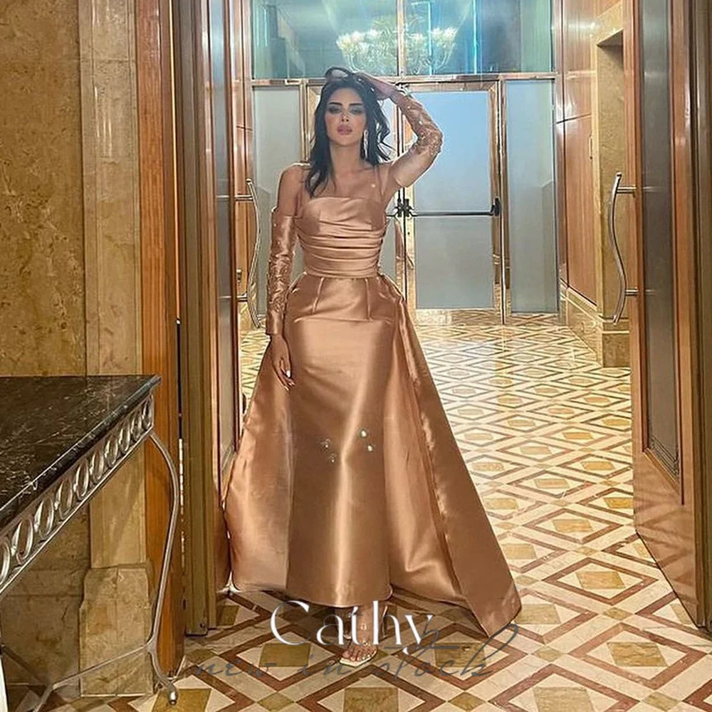 

Cathy Elegant Long Sleeve فساتين السهرة Sexy Rose Gold Vestidos De Noche Silk فساتين مناسبة رسمية Strapless A-line Prom Dress