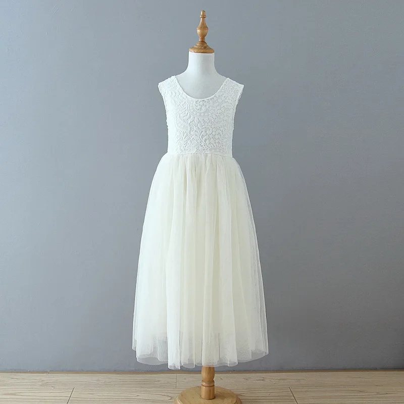 Summer New Girl Princess Dress Eyelash Back Lace Flat Tulle Bohemian Holiday Beach Dress Wedding Party E13843
