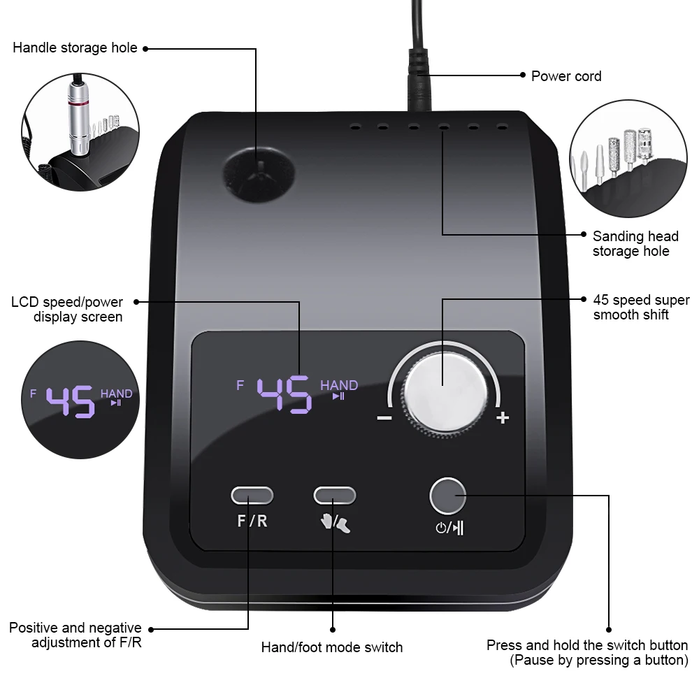 Electric Nail Drill 45000 RPM Electric Nail Drill Machine for Nails Electric File HD Display Metal Manicure Pen Professional nail lathe Sander