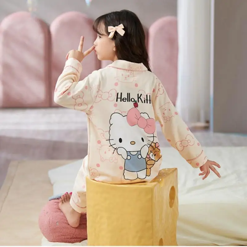 

Sanrios Anime Hello Kitty Girl Cotton Pajamas Suit Kuromi Cartoon Cute Cardigan Nightgown 2Pcs Spring Autumn Home Wear Girl Gift