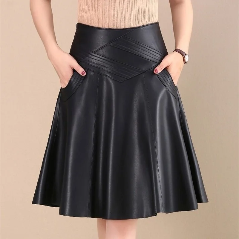Women Indie Folk Knee Length Korean Pleated Leather Skirts High Waist Sheepskin A-Line Skirt Elegant Solid Office Lady Clothing