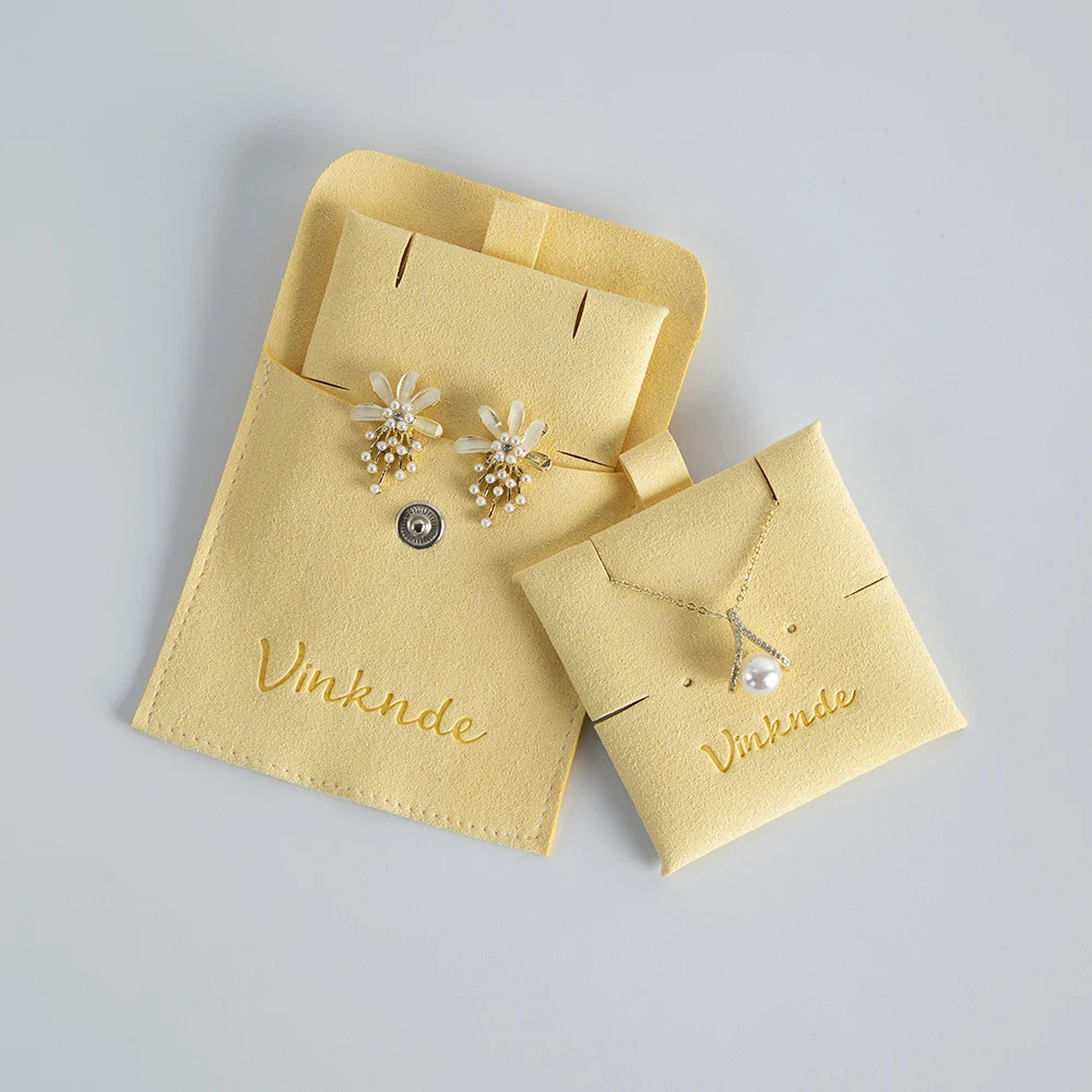 Maßgefertigter Gelber Schmuckbeutel mit Druckknopf Mikrofaser-Schmuckverpackung Geschenktaschen Ohrringe-Halsketten-Organizer mit Einlegekarte – Detail 4