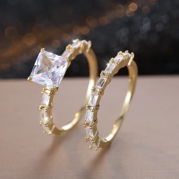 2pcs Female Luxury Stacking Square Engagement Ring Sets For Women Gold Color White Zircon Bridal Wedding Bands Mothers Day Gifts