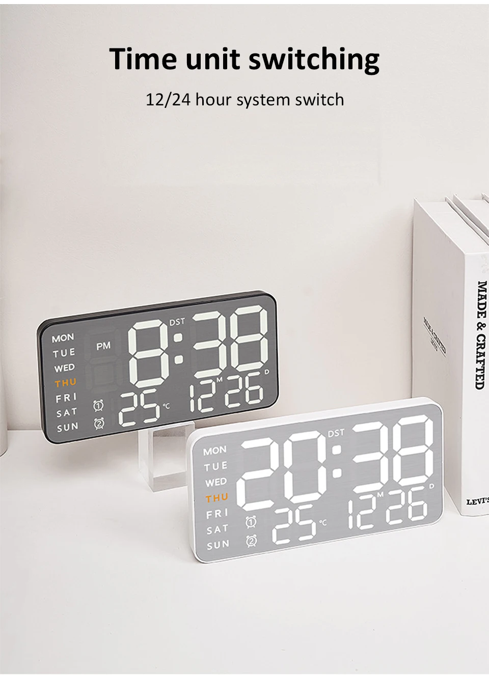 Description Picture 4 of itemCreative Digital Wall Clock Temp Week Display USB Powered Table Clock Wall-mounted Auto Dimmer Dual Alarms Metal Brushed Clocks