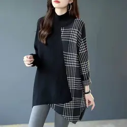 Fashion Korean Irregular Spliced Female Clothing Sweaters Spring Autumn New Casual Plaid Loose Half High Collar Knitted Jumpers