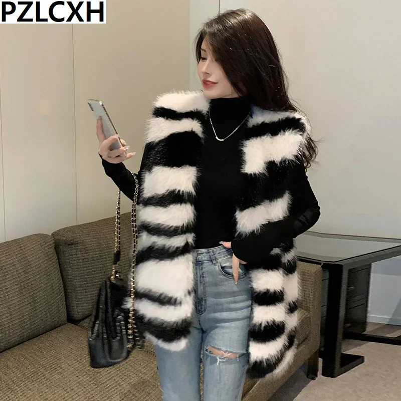 

Women Fashion Sexy Zebra Print Coats Korea Autumn Sleeveless Faux Fox Fur Vest Coat Short Outercoat Lady Party Elegant Outfits