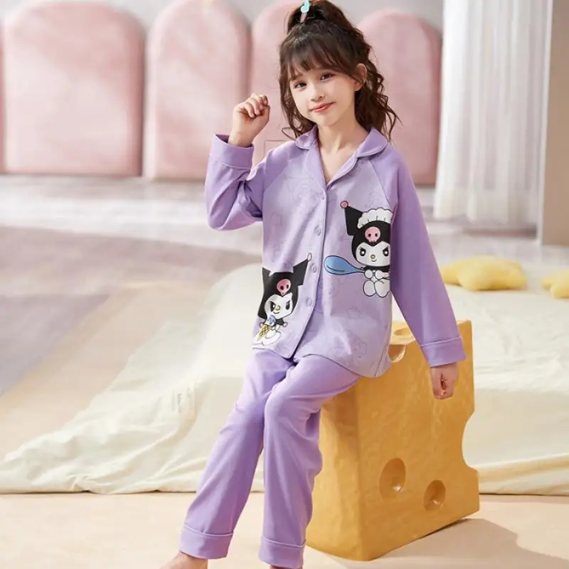 Sanrio Anime Hello Kitty Girls Pajamas Cinnamoroll Kuromi Nightwear Kids  Pure Cotton Sleepwear Spring Autumn Children Homewear 