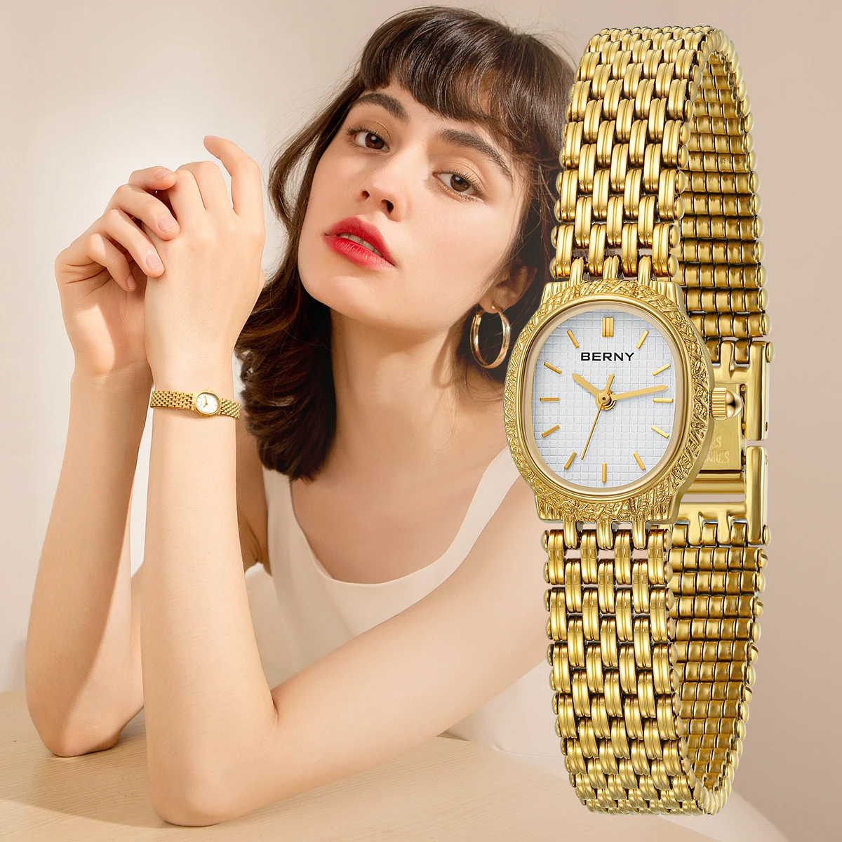 

Berny Ladies Fashion Quartz Watch Small Dial Gold Wristwatch Full Stainless Steel Jewelry Clasp 30ATM Waterproof Gold Watches