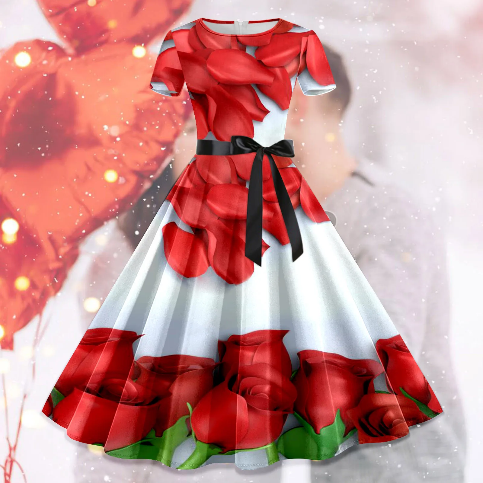 Short Sleeve 1950s Retro Women Multicolor Print Cotton Robe Summer Vintage A-Line Long Swing Dress