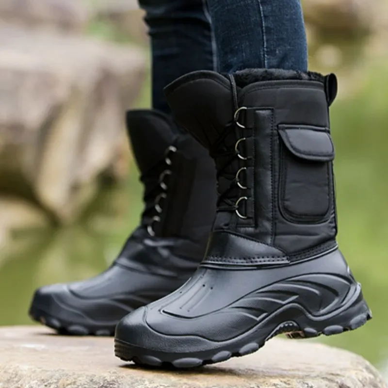 SP5 Men's Winter Waterproof High Boots, Non-Slip Warm Fishing Footwear, Outdoor Snow Boots with Fleece for Cold Weather