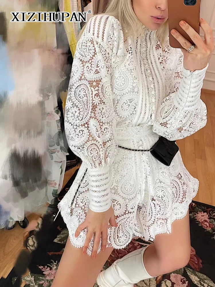 

XIZIHUPAN Lace Two Piece Sets For Women Stand Collar Puff Sleeve Single Breasted Solid Shirts Loose Shorts Cut Out Set Female
