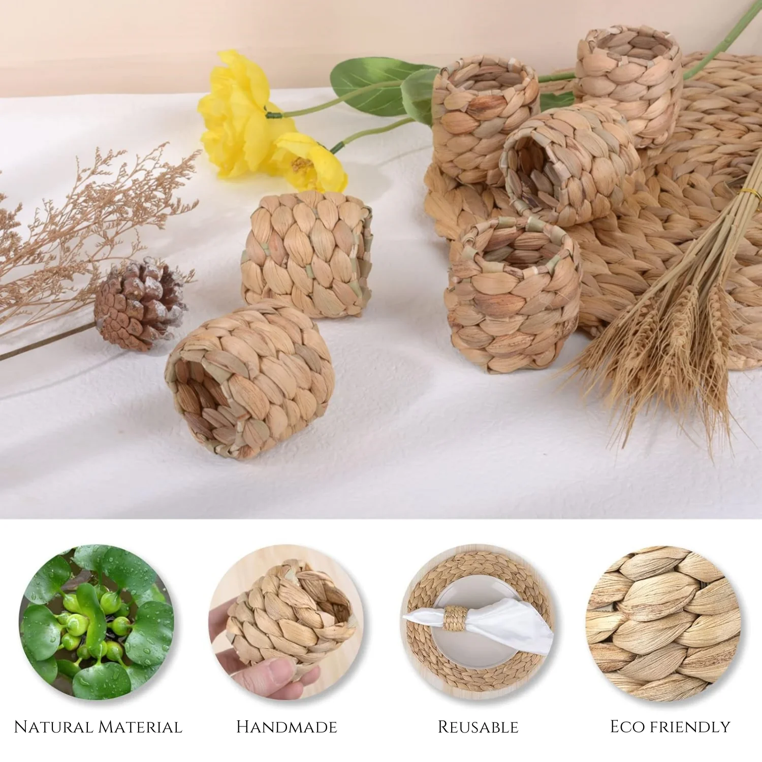 Woven Napkin Rings Rustic Handmade Napkin Rings Natural Water Hyacinth Farmhouse Ring For Wedding Table Decor 12/24/60Pcs
